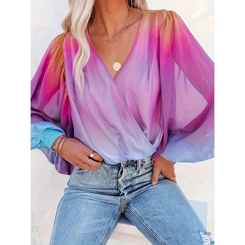 Women V-Neck Gradient Color Casual Loose Puff Sleeve Chiffon Shirt