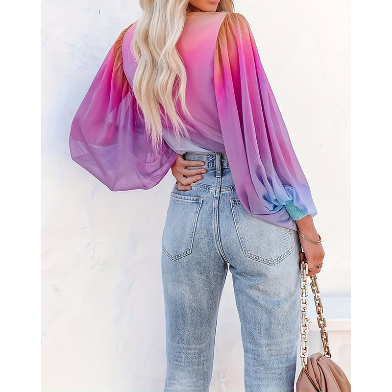 Women V-Neck Gradient Color Casual Loose Puff Sleeve Chiffon Shirt