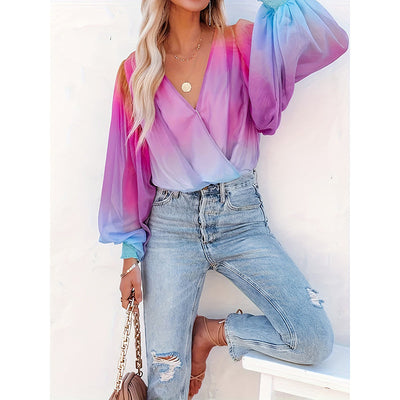 Women V-Neck Gradient Color Casual Loose Puff Sleeve Chiffon Shirt