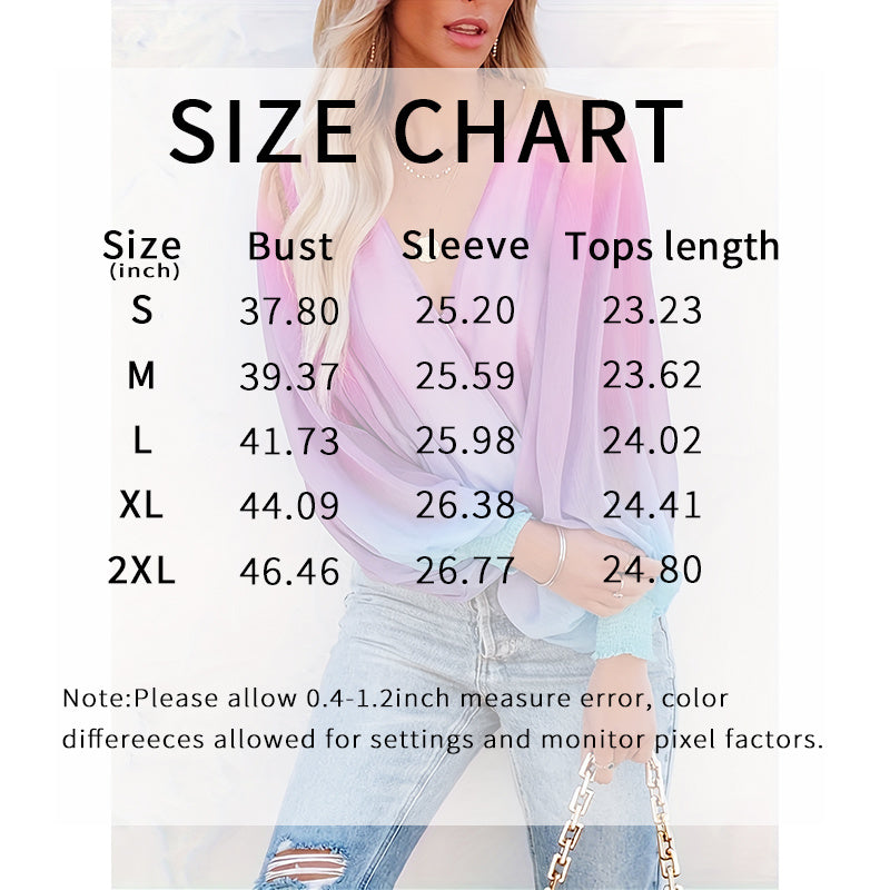 Women V-Neck Gradient Color Casual Loose Puff Sleeve Chiffon Shirt