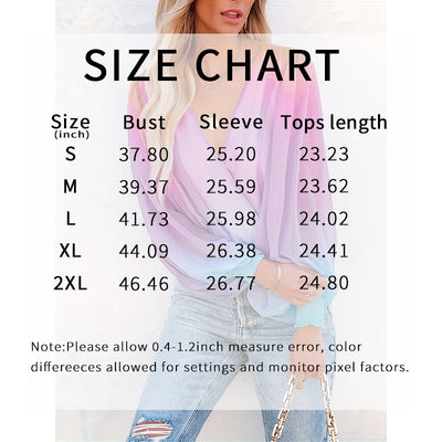 Women V-Neck Gradient Color Casual Loose Puff Sleeve Chiffon Shirt
