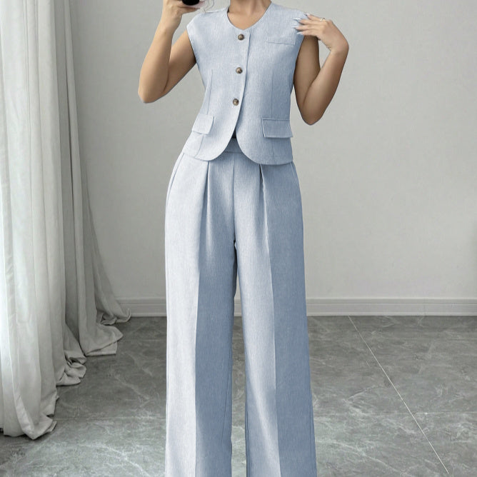 Ladies' Casual Commuting Solid Color Sleeveless Vest And Pants Set