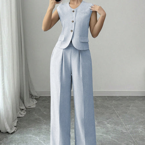 Ladies' Casual Commuting Solid Color Sleeveless Vest And Pants Set