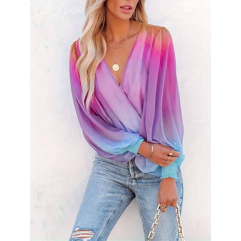Women V-Neck Gradient Color Casual Loose Puff Sleeve Chiffon Shirt