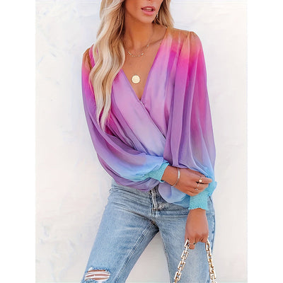 Women V-Neck Gradient Color Casual Loose Puff Sleeve Chiffon Shirt