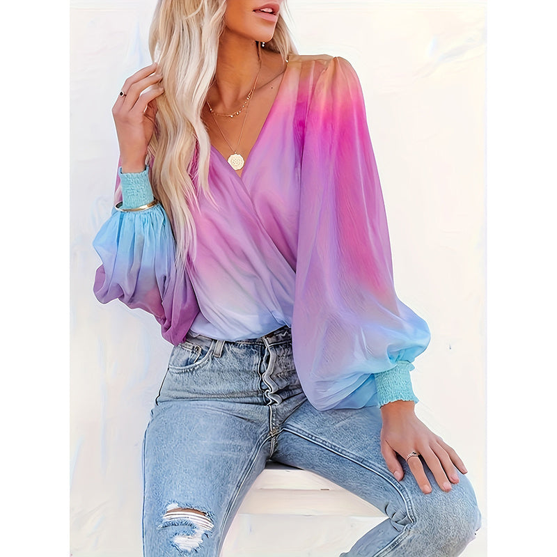 Women V-Neck Gradient Color Casual Loose Puff Sleeve Chiffon Shirt