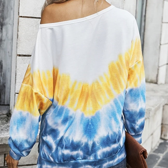 Women Fashion Casual Long Sleeve Round Neck Gradient Contrast Top